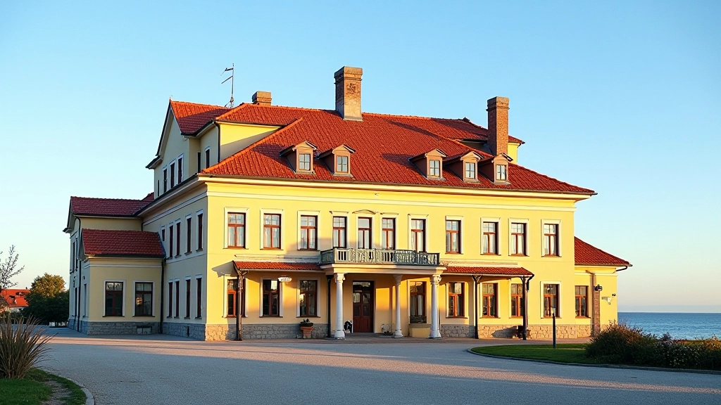 gratefulgold muziejaus išorinis vaizdas, senas šarmantus pastatas prieš jūrą, saulėtas rytas